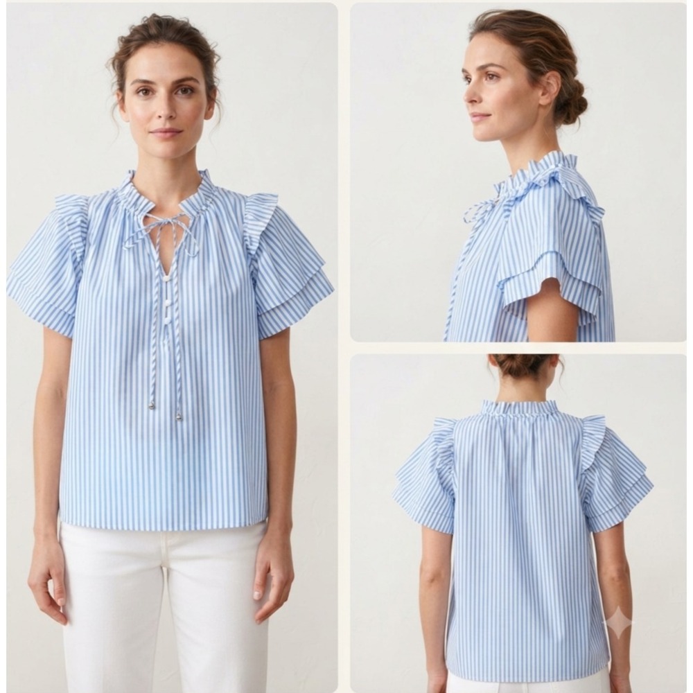 Entro Blouse Top Womens L Blue White Striped Tie Front Ruffle Flutter Sleeve